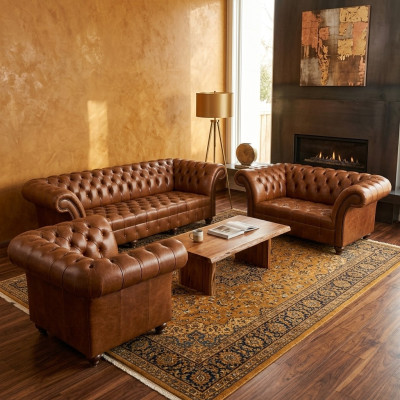 Chesterfield Braune Ledergarnitur Exklusive Couchen Designer Lehnsessel