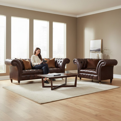Luxuriöses Braunes Chesterfield Lederset Designer 3-Sitzer Sessel 2tlg