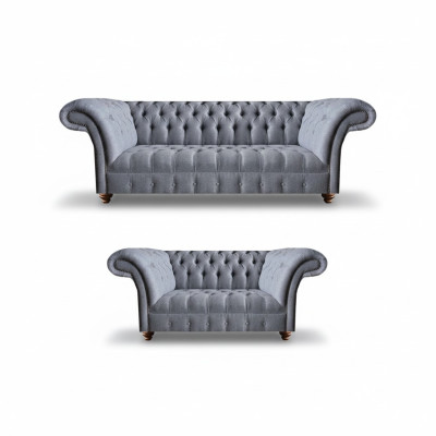 Hellgraue Chesterfield Polstercouchen Designer 3-Sitzer Zweisitzer 2tlg