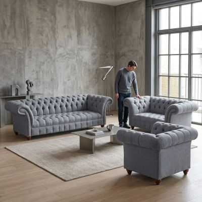 Hellgraue Chesterfield Polstergarnitur Designer Textil Sofas Sessel 3tlg