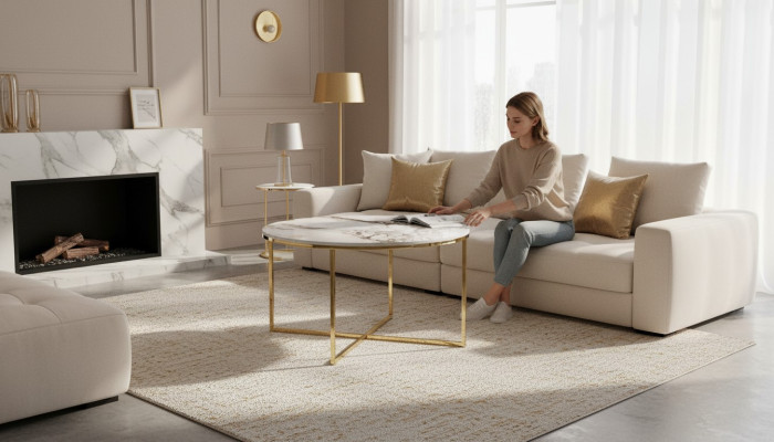  Couchtisch modern Wohnzimmermöbel minimalistische Metalltischplatte Beige Neu