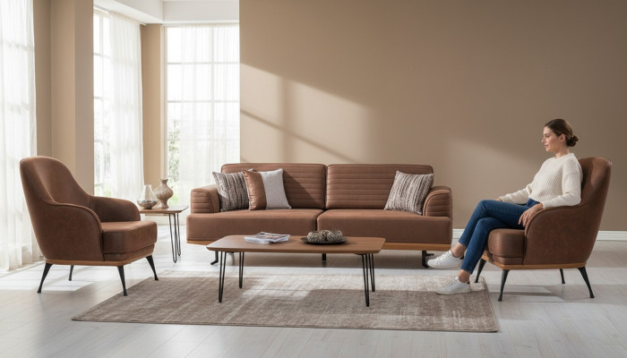 Modern Dreisitzer Sofa und Sessel Braun Polstermöbel Set  für Wohnzimmer