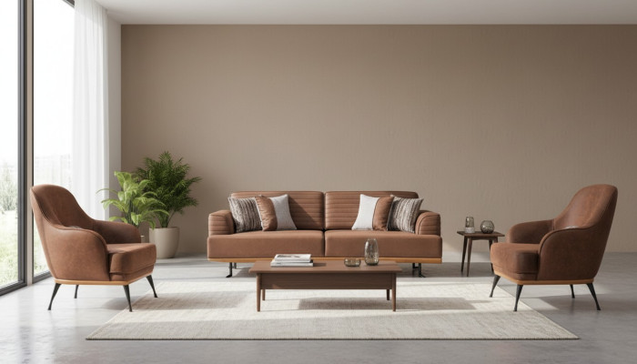 Modern Dreisitzer Sofa und Sessel Braun Polstermöbel Set  für Wohnzimmer