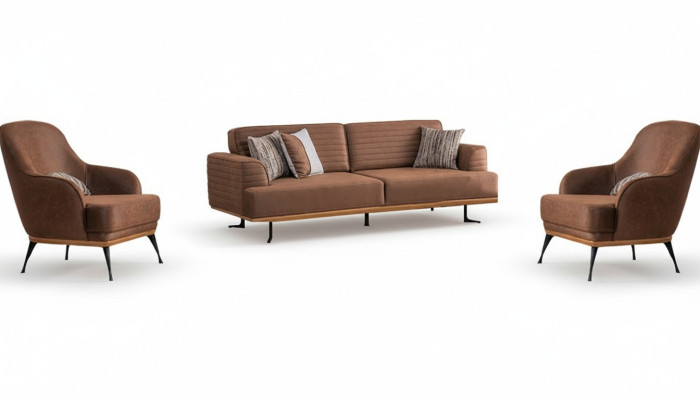 Modern Dreisitzer Sofa und Sessel Braun Polstermöbel Set  für Wohnzimmer