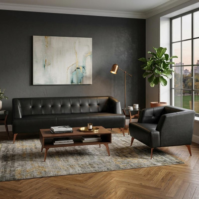 Schwarze Wohnzimmer Sitzgarnitur Edler Dreisitzer Cocktailsessel 2tlg