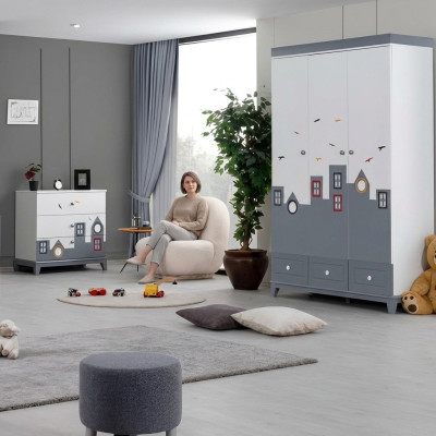 Komplett Mehrfarbig Kinderzimmer Set Kleiderschrank Kommode Helles 2tlg Neu