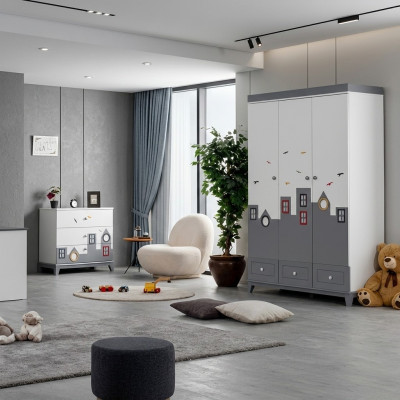 Komplett Mehrfarbig Kinderzimmer Set Kleiderschrank Kommode Helles 2tlg Neu