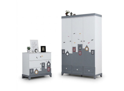 Komplett Mehrfarbig Kinderzimmer Set Kleiderschrank Kommode Helles 2tlg Neu