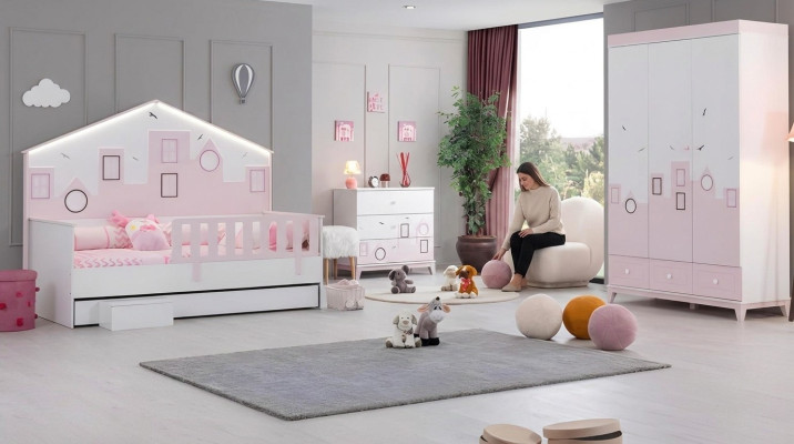 Kinderbett Rosa Kleiderschrank Jugendzimmer Kinderzimmer Möbel 2tlg Set Holz