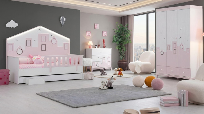 Kinderbett Rosa Kleiderschrank Jugendzimmer Kinderzimmer Möbel 2tlg Set Holz
