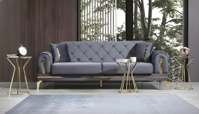 Chesterfield Graues Stoffsofa Designer Wohnzimmer Dreisitzer Textil 3-er