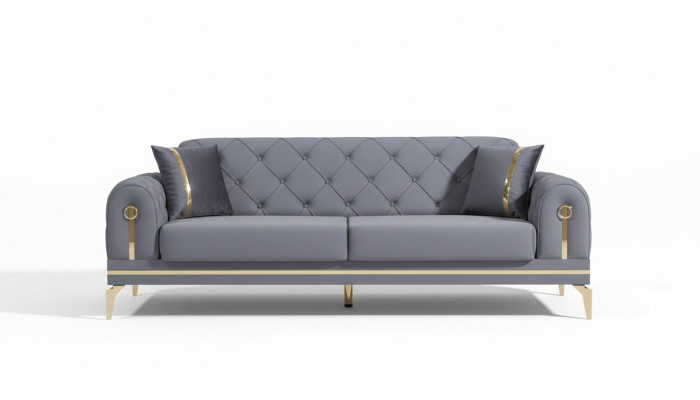 Chesterfield Graues Stoffsofa Designer Wohnzimmer Dreisitzer Textil 3-er