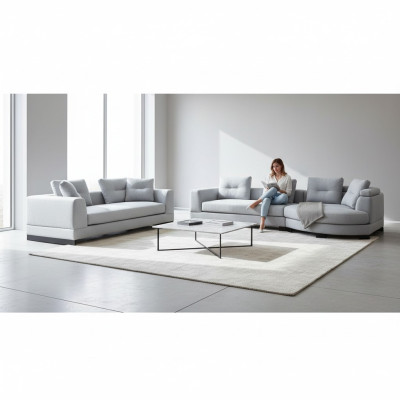 Wohnzimmer Set 2tlg 3-Sitzer mit U-Form Sofas Stoffsofas Grau Einfarbig