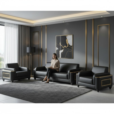Arbeitszimmer 3-Sitzer Sofa mit Sessel Schwarz Einfarbig Stil Wohznimmer