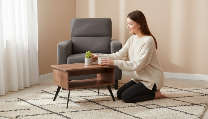 Couchtisch Braun mit Regal Rechteckig Form Einfarbig Stil Arbeitszimmer