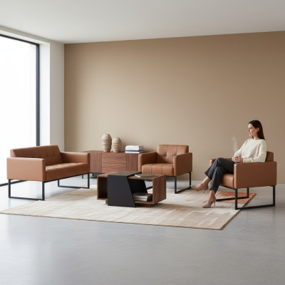 Arbeitszimmer-Set Braun 4tlg 2-Sitzer 2x Sessel Couchtisch Einfarbig Stil