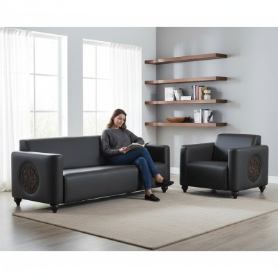 Arbeitszimmer-Set 2tlg 3-Sitzer Sessel Schwarz Einfarbig Modern Design
