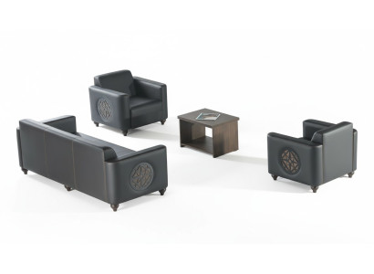 Arbeitszimmer-Set 4tlg Schwarz 3-Sitzer 2x Sessel Braun Couchtisch Modern