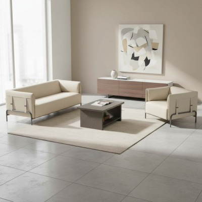 Arbeitszimmer-Set 3tlg Beige 3-Sitzer Sessel Grau Couchtisch Wohnzimmer