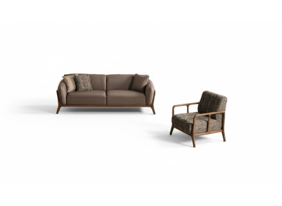 Braune Moderne 3-Sitzer Couch Wohnzimmer Sessel 2tlg Edle Sitzgarnitur