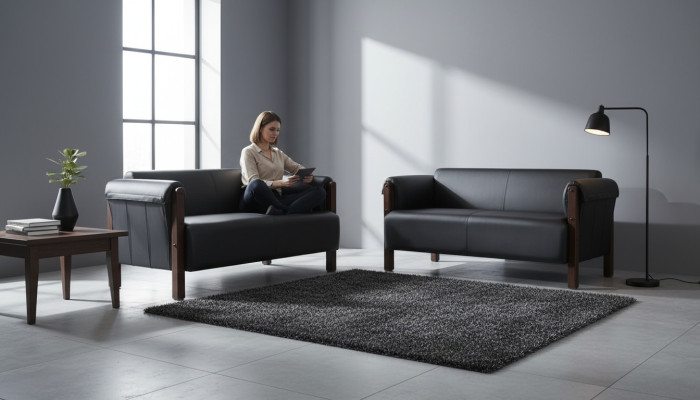 Couch Modern Sofa-Set 2-Sitzer Ledersofas Schwarz Holz Leder Sofas