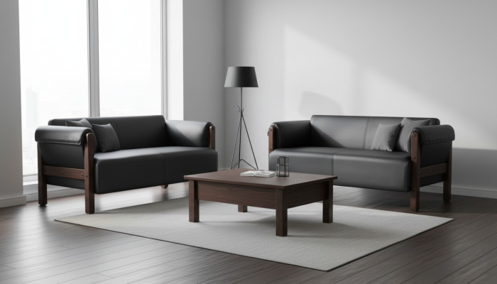 Couch Modern Sofa-Set 2-Sitzer Ledersofas Schwarz Holz Leder Sofas