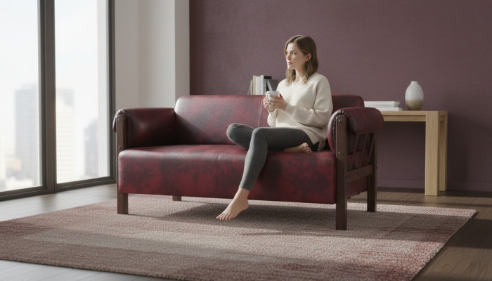 Couch Bordeaux Ledersofa 2-Sitzer Leder Holz Modern Sofa Armlehnen