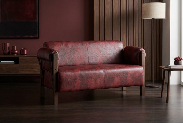 Couch Bordeaux Ledersofa 2-Sitzer Leder Holz Modern Sofa Armlehnen