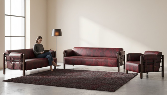 Couch Bordeaux Ledersofas Holz Komplett 3tlg 3-Sitzer 2-Sitzer Sessel