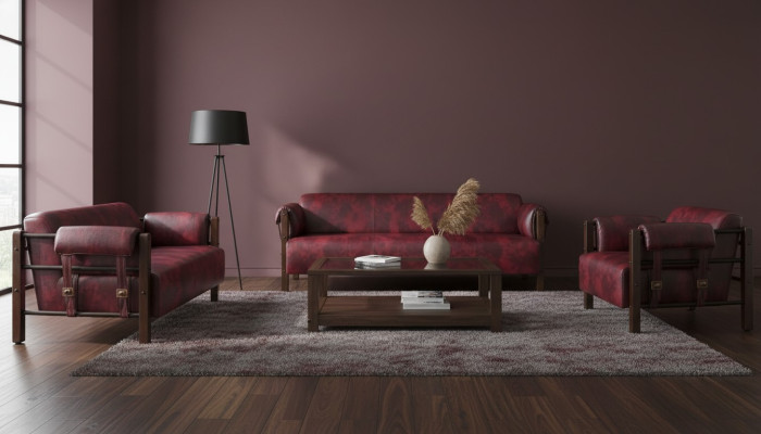 Couch Bordeaux Ledersofas Holz Komplett 3tlg 3-Sitzer 2-Sitzer Sessel