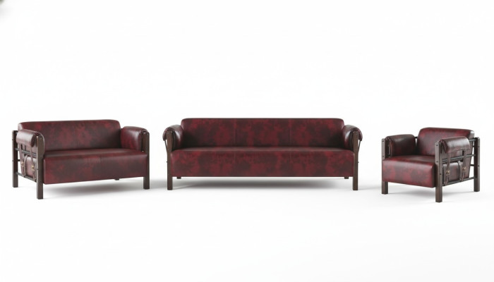 Couch Bordeaux Ledersofas Holz Komplett 3tlg 3-Sitzer 2-Sitzer Sessel