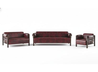 Couch Bordeaux Ledersofas Holz Komplett 3tlg 3-Sitzer 2-Sitzer Sessel