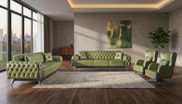 Sofas Set Couch 3-Sitzer Leder Sessel Grün Klassisch Chesterfield Polster 4tlg.