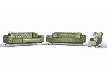 Sofas Set Couch 3-Sitzer Leder Sessel Grün Klassisch Chesterfield Polster 4tlg.