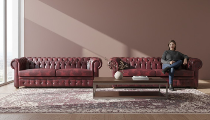 Chesterfield 3-Sitzer Bordeaux Couch Sofas Klassisch Ledersofas Holz 2tlg