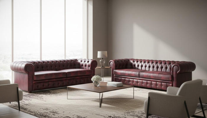 Chesterfield 3-Sitzer Bordeaux Couch Sofas Klassisch Ledersofas Holz 2tlg