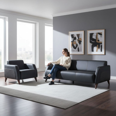 Ledersofas Set 3-Sitzer Sessel Schwarz Couch Modern Sofa-Set Sitzmöbel