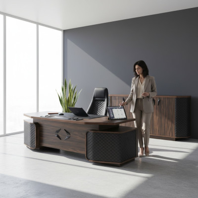 Arbeitszimmer-Set Bürotisch Bürostuhl Sideboard Schwarz Braun Chefsessel