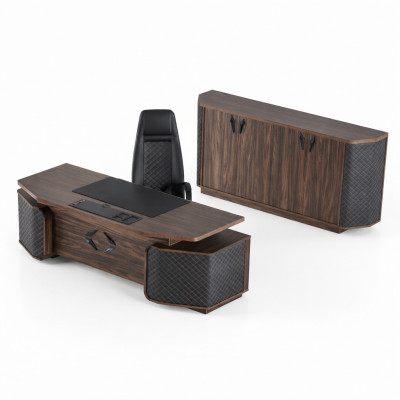 Arbeitszimmer-Set Bürotisch Bürostuhl Sideboard Schwarz Braun Chefsessel