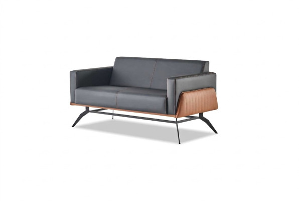 Couch Schwarz Braun Sofa 2-Sitzer Ledersofa Modern Edelstahl Leder Holz