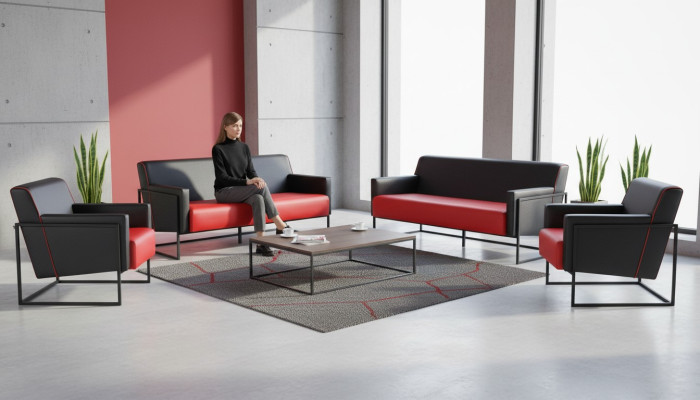 Sofa-Set 3-Sitzer Sessel Schwarz Rot Ledersofas Leder Edelstahl Holz