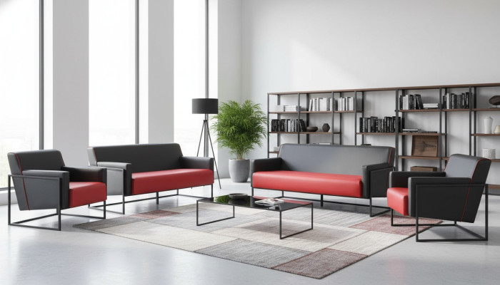 Sofa-Set 3-Sitzer Sessel Schwarz Rot Ledersofas Leder Edelstahl Holz