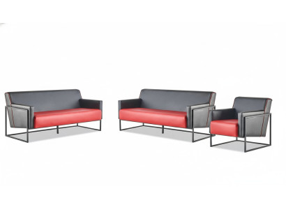 Sofa-Set 3-Sitzer Sessel Schwarz Rot Ledersofas Leder Edelstahl Holz