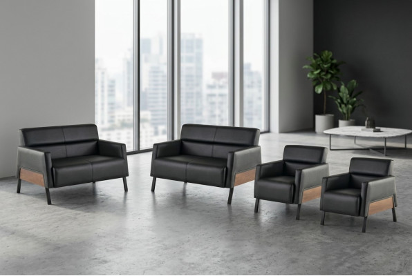 Sitzmöbel Leder Set Ledersofa 2-Sitzer Sessel Modern Schwarz Edelstahl
