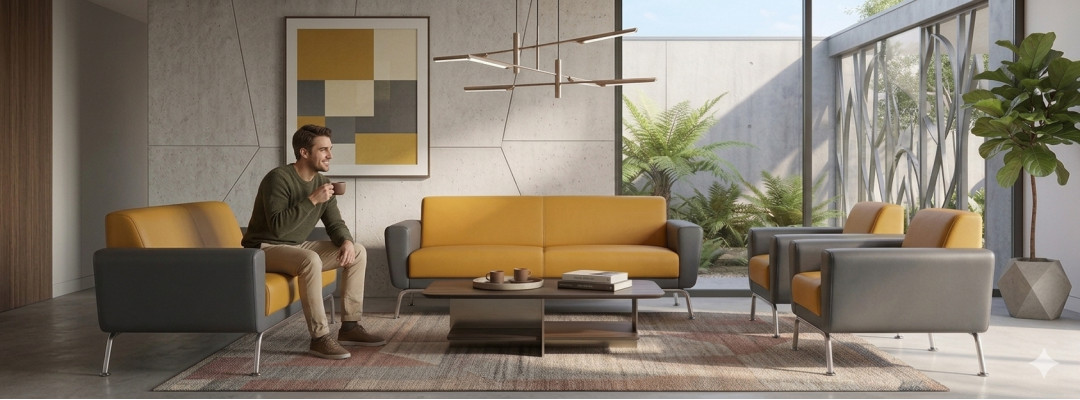 Komplett-Set 2-Sitzer Sessel Gelb Grau Edelstahl Ledersofas Sofa-Set