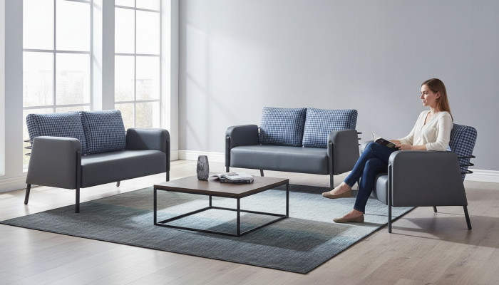 Komplett Ledersofa Set 2-Sitzer Sessel Modern Grau Blau Leder Textil