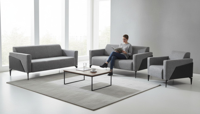 Modern Sofas Sofa-Set 3tlg 2x 3-Sitzer Sessel Grau Sofagarnitur Sitzmöbel