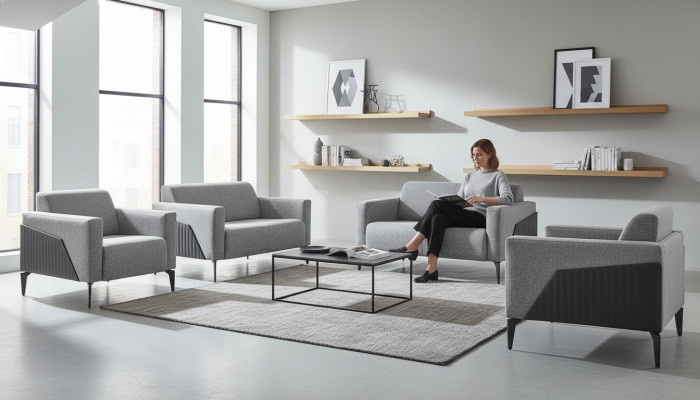 Komplett Sofa-Set Sofagarnitur 2-Sitzer Sessel Grau Edelstahl Textil Holz