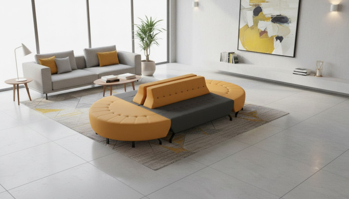 Oval Sofa Big Arbeitszimmer Foyer Art Deco Leder Gelb Grau Ledersofa