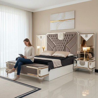Luxus Schlafzimmer Set Bett + 2x Nachttische 3tlg Moderne Möbel Holz